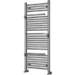 Gun metal curved heated towel rail fitted in a modern dark-themed bathroom with towels draped over the rails