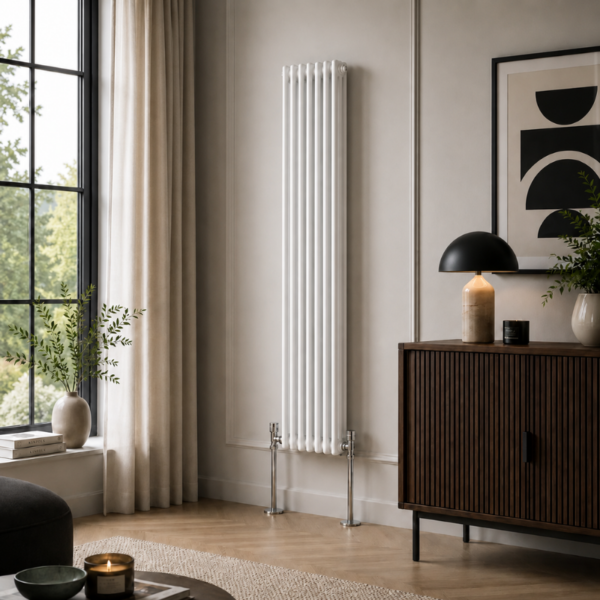 3 Column Vertical Radiator 1800mm x 515mm in White, front view, wall-mounted
