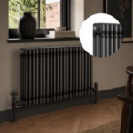 Raw Metal 3-column horizontal radiator installed in a modern living room or hallway