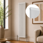 White 2-column vertical radiator installed in a modern living room or hallway