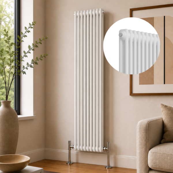 White 2-column vertical radiator installed in a modern living room or hallway