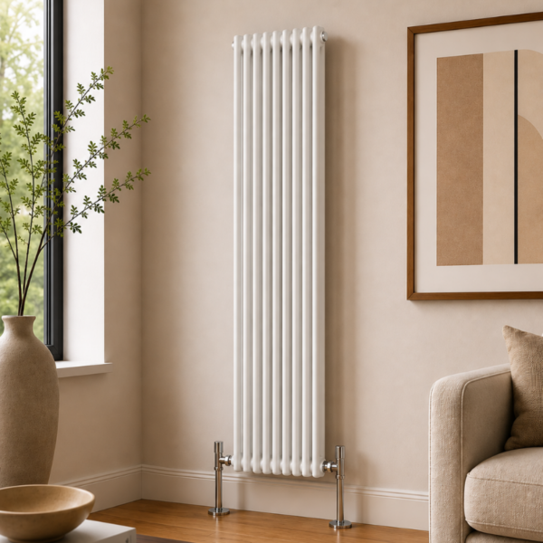 2 Column Vertical Radiator 1800mm x 515mm in White, front view, wall-mounted