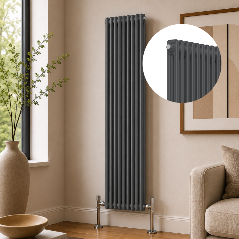 2 Column Vertical Radiator 1800mm x 515mm in Anthracite, front view, wall-mounted