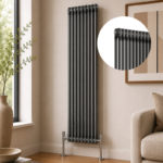 Raw Metal 2-column vertical radiator installed in a modern living room or hallway