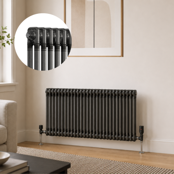 2 Column Horizontal Radiator 600mm x 1415mm in Raw Metal, front view, wall-mounted