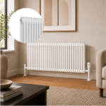 White 2-column horizontal radiator installed in a modern living room or hallway