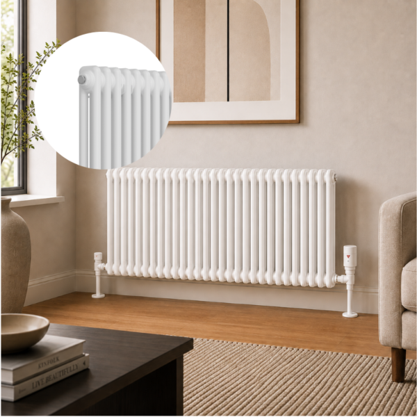 2 Column Horizontal Radiator 600mm x 1415mm in White, front view, wall-mounted