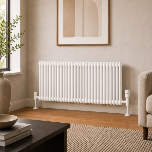 2 Column Horizontal Radiator 600mm x 1415mm in White, front view, wall-mounted