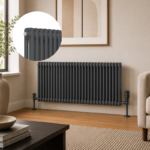 Anthracite 2-column horizontal radiator installed in a modern living room or hallway