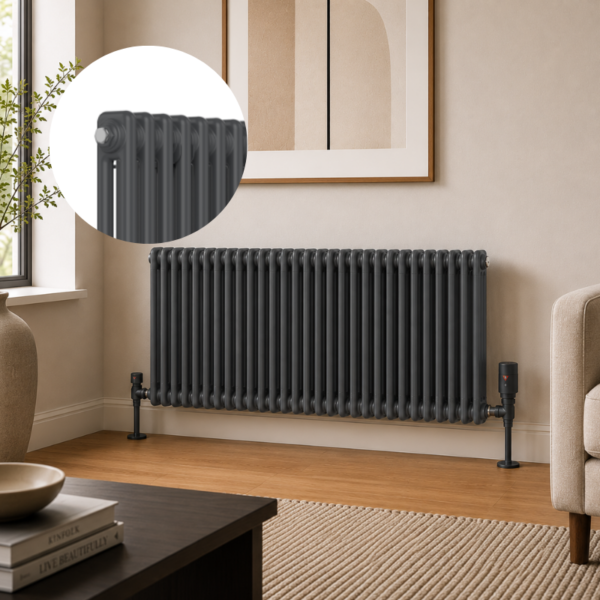 Anthracite 2-column horizontal radiator installed in a modern living room or hallway