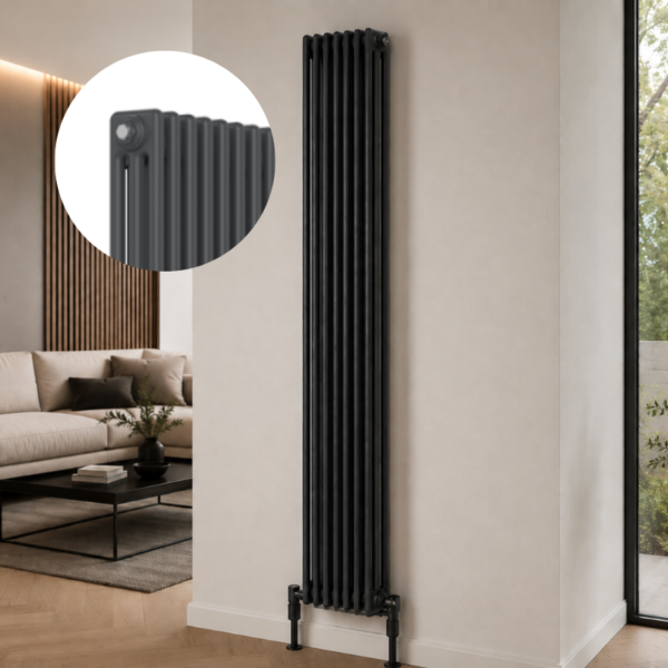 3 Column Vertical Radiator 1800mm x 425mm in Anthracite, front view, wall-mounted