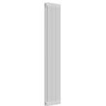 White 3-column vertical radiator installed in a modern living room or hallway