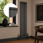 Raw Metal 3-column vertical radiator installed in a modern living room or hallway
