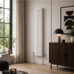 3 Column Vertical Radiator 1800mm x 425mm in White, front view, wall-mounted