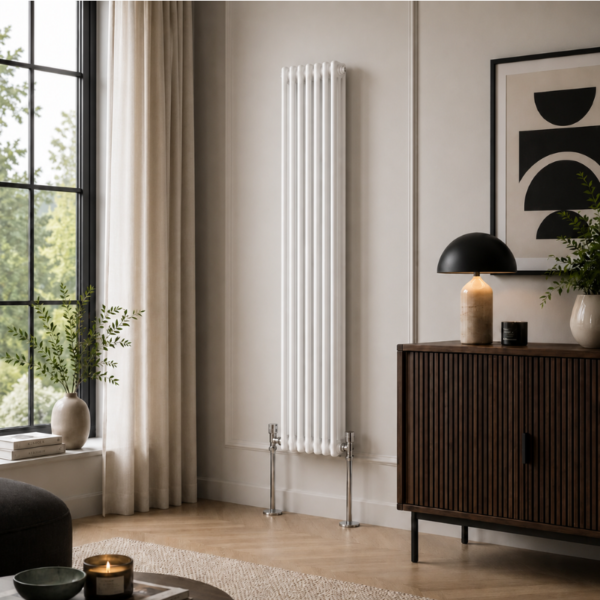 3 Column Vertical Radiator 1800mm x 425mm in White, front view, wall-mounted
