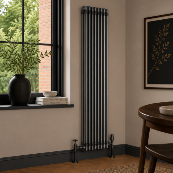 3 Column Vertical Radiator 1800mm x 425mm in Raw Metal, front view, wall-mounted