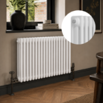 White 3-column horizontal radiator installed in a modern living room or hallway