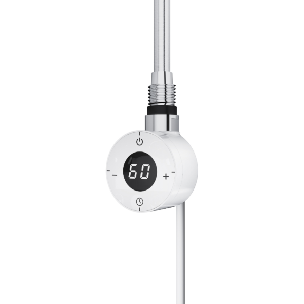 White Round Smart WiFi Electric Heating Element with LED display showing temperature readout, front view