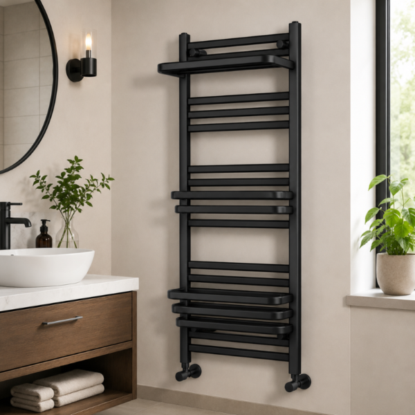 Matt black heated towel rail installed in a monochrome bathroom with white towels for contrast