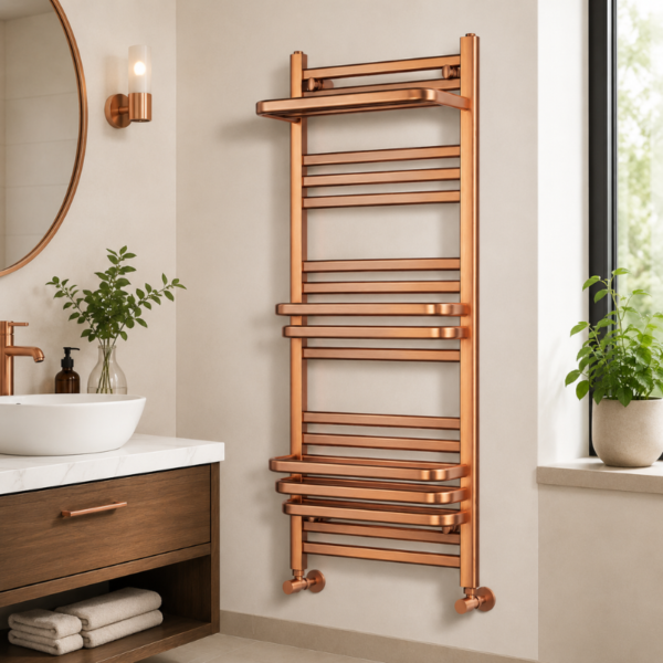 Bronze heated towel rail mounted in a warm-toned luxury bathroom with towels draped over horizontal rails