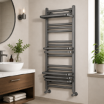 Gun metal luxury heated towel rail installed in a contemporary grey bathroom scheme