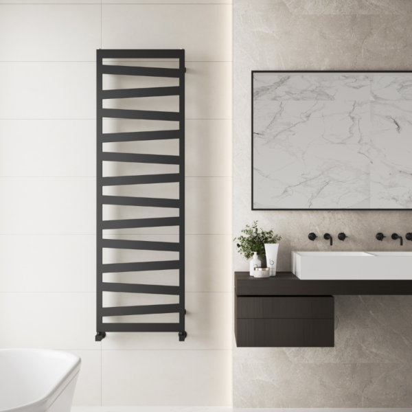 Tall matt black ladder towel radiator in a large modern bathroom with white and grey interior