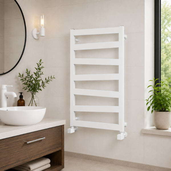 White ladder towel radiator fitted in a small modern bathroom or cloakroom with a towel hanging from the rail