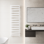 Tall white ladder towel radiator installed in a large family bathroom with multiple towels draped across the rails