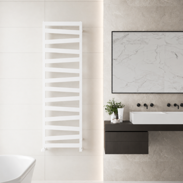 Tall white ladder towel radiator installed in a large family bathroom with multiple towels draped across the rails