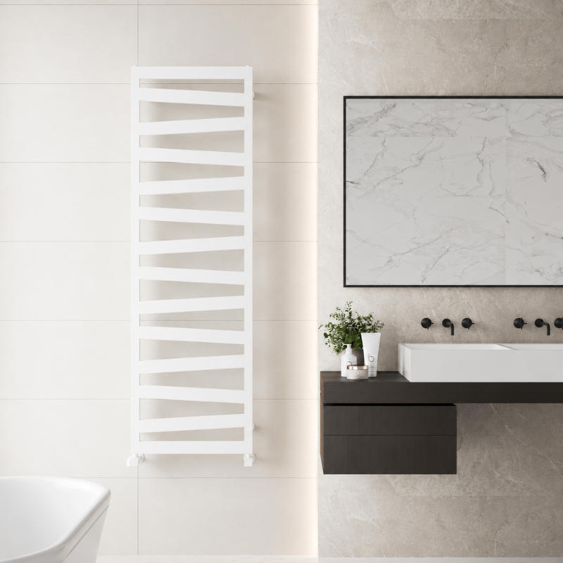 modern-ladder-towel-radiator-1600x550-white-lifestyle.jpg Tall white ladder towel radiator installed in a large family bathroom with multiple towels draped across the rails