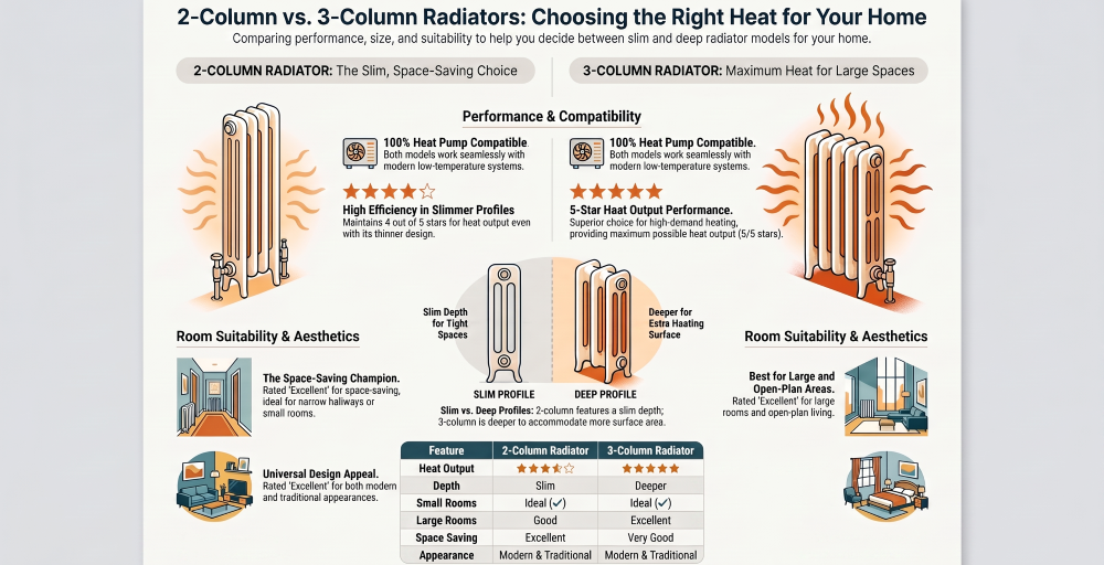 Comparison infographic showing the differences between 2-column and 3-column radiators, including heat output, room suitability, radiator depth, space-saving benefits, heat pump compatibility and performance ratings.