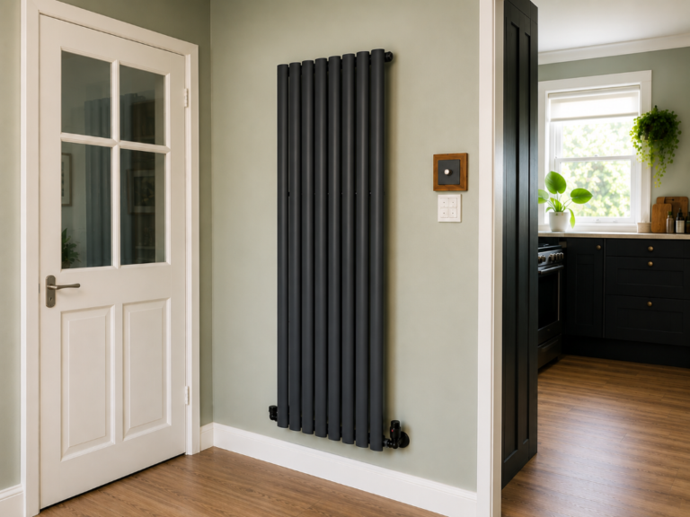 Customer installed Aura Single Oval Vertical Radiator 1600 x 480mm Anthracite in a modern hallway with anthracite valves.