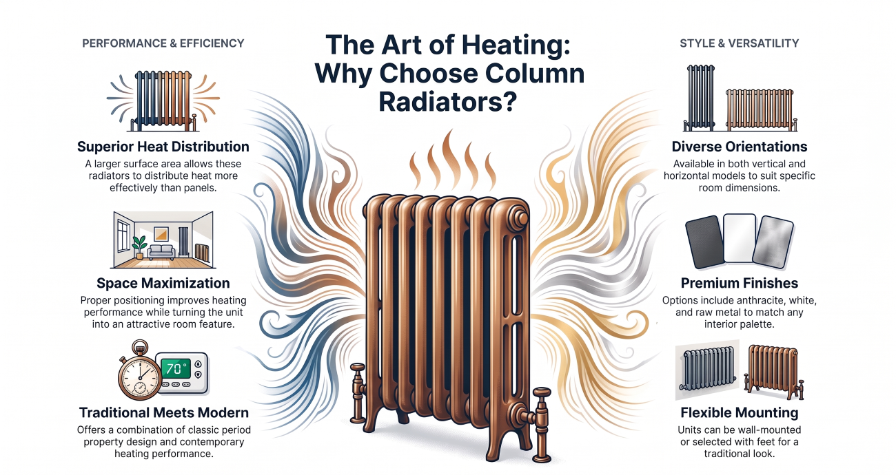 Infographic showing the benefits of column radiators, including heat distribution, vertical and horizontal styles, premium finishes and mounting options.