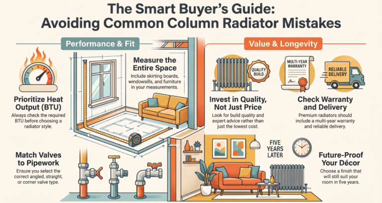 Infographic explaining common column radiator buying mistakes, including choosing the correct BTU, measuring radiator space accurately, selecting the right radiator valves, checking warranties and investing in quality designer radiators.