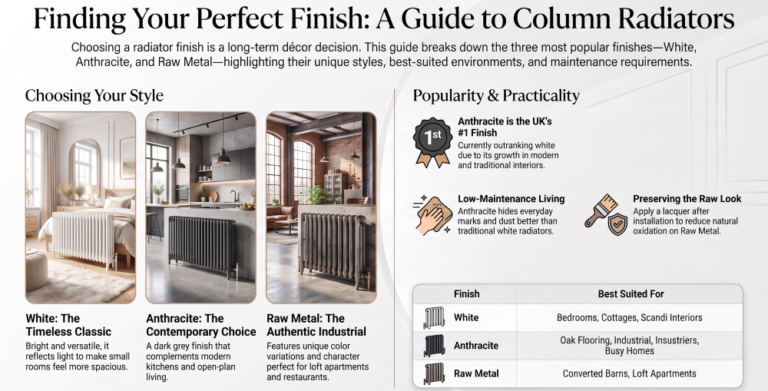 Infographic comparing white, anthracite and raw metal column radiator finishes, showing their ideal room styles, maintenance requirements, popularity and best interior design applications.