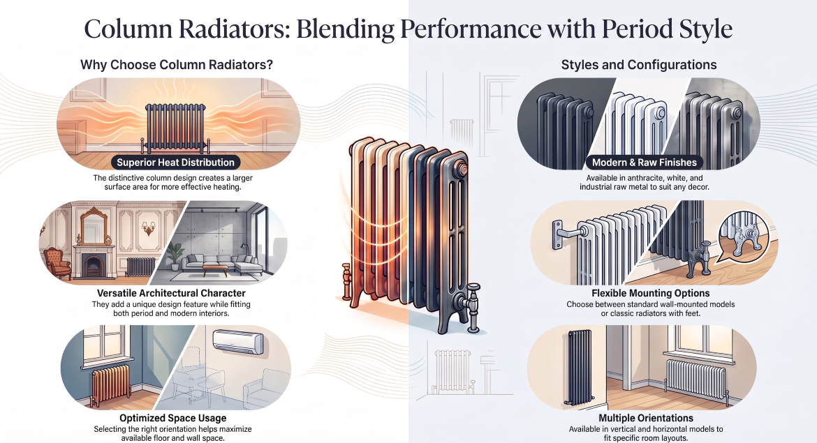 Column radiators infographic showing styles, finishes and heating benefits
