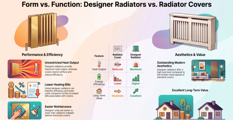 Designer radiators vs radiator covers infographic comparing heat output, energy efficiency, maintenance, aesthetics and long-term value for modern home heating.