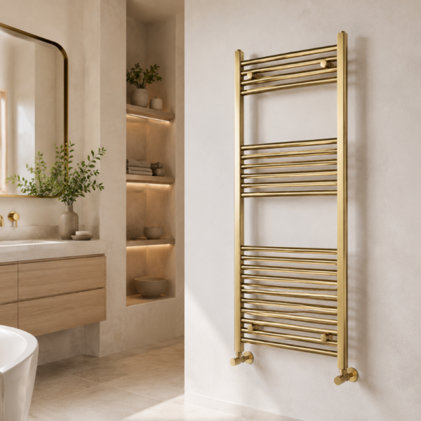 Vela brushed brass designer towel radiator 1200mm x 500mm installed in a modern luxury bathroom
