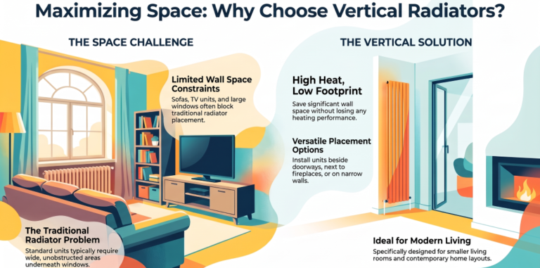 Infographic comparing traditional and vertical radiators, highlighting how vertical radiators save wall space while providing efficient heating in modern living rooms.