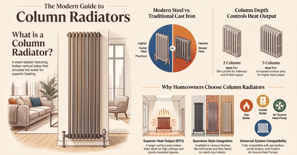 Infographic explaining modern column radiators, comparing steel and cast iron column radiators, 2-column vs 3-column heat output, BTU performance and compatibility with gas boilers, combi boilers and air source heat pumps.