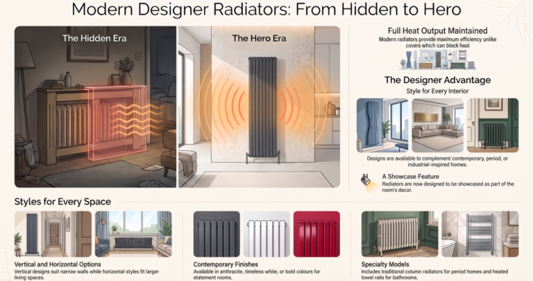 Modern designer radiators infographic showing the evolution from hidden radiators behind covers to stylish feature radiators that maximise heat output and complement modern interiors.