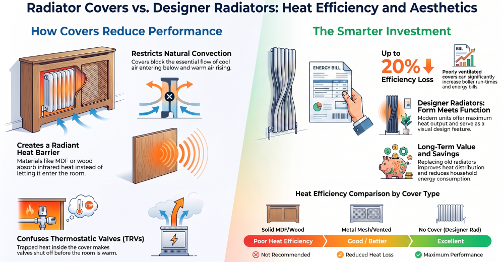 Radiator Covers vs Designer Radiators infographic showing how radiator covers reduce heat efficiency, restrict airflow, increase energy bills and why designer radiators provide better heating performance.
