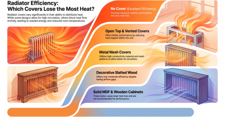 Radiator heat efficiency comparison infographic showing how different radiator cover designs affect heat output, airflow and energy efficiency, from no cover to solid wooden radiator cabinets.