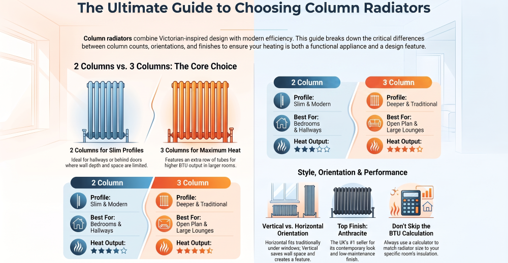 Infographic comparing 2 column and 3 column radiators, explaining the differences in heat output, profile depth, room suitability, vertical vs horizontal column radiators, anthracite finishes and BTU radiator sizing guide.