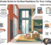 Infographic showing the benefits of vertical radiators for living rooms, including BTU sizing, space-saving advantages, radiator styles, and modern finish options.
