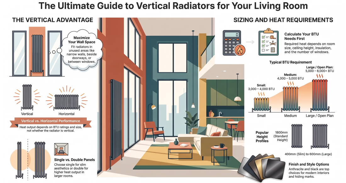 Infographic showing the benefits of vertical radiators for living rooms, including BTU sizing, space-saving advantages, radiator styles, and modern finish options.