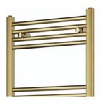 Close-up detail of the Vela Brushed Brass Heated Towel Rail, showcasing the premium brushed brass finish, precision-welded horizontal bars and luxury designer construction.