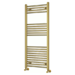 Vela brushed brass heated towel rail 1200mm x 500mm featuring a premium brushed brass finish, contemporary ladder design and matching brass valves.