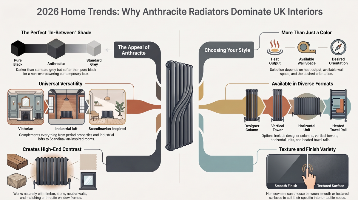 Infographic showing anthracite radiators, interior styles, radiator formats, finishes and key selection factors for UK homes
