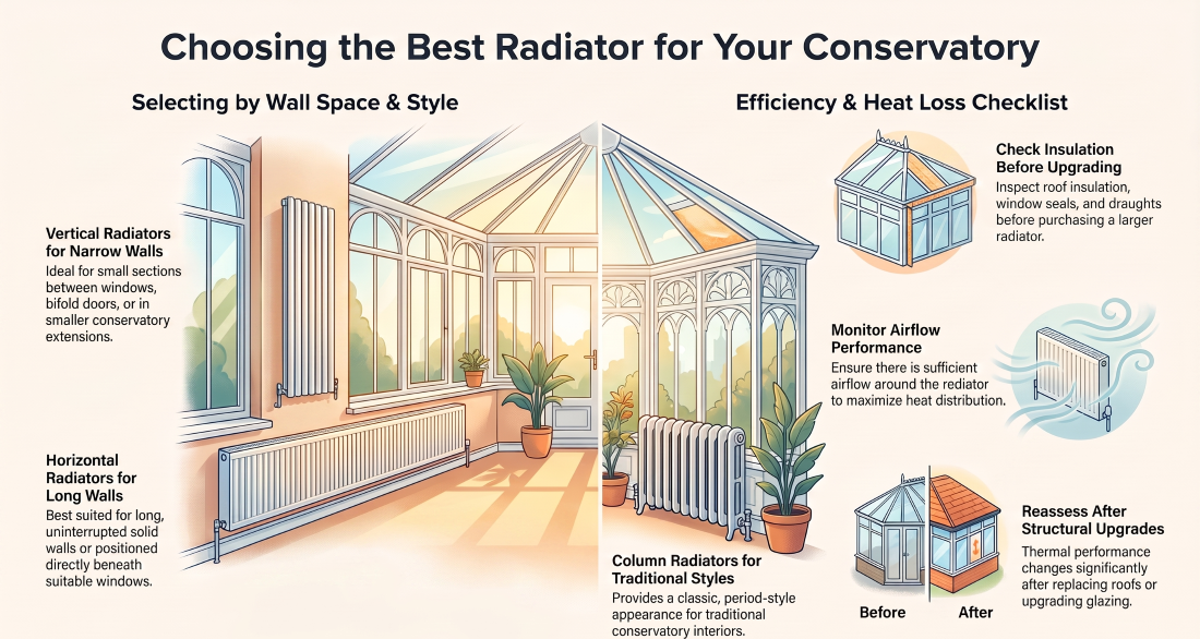 Choosing the best radiator for a conservatory based on wall space and heat loss